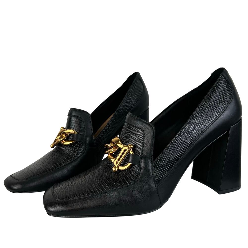 GIBSON LATIMER Ritah Black Leather Gold Chain Embossed Block Heel Pumps (Sz 10)